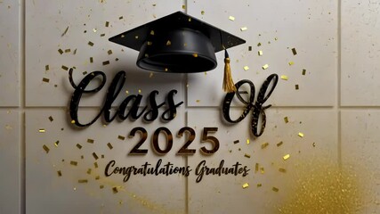 Congratulations to the Class of 2025 with a vibrant design featuring graduation cap and explosion and splash of gold confetti. This joyful announcement conveys the excitement and pride of graduation