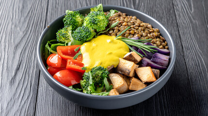 vibrant plant based meal featuring lentils, roasted vegetables, and creamy sauce in bowl on wooden table. dish includes broccoli, tomatoes, and tofu, offering healthy and colorful presentation