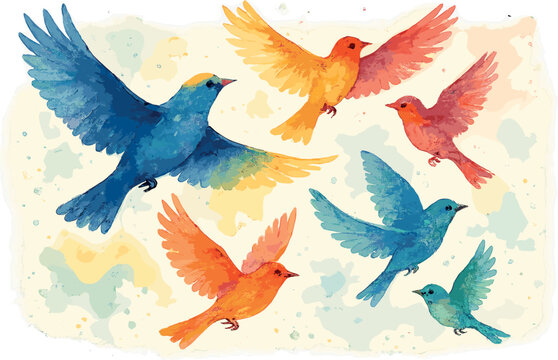 Vibrant watercolor birds in flight art for home decor and greeting cards
