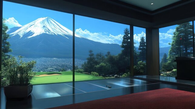 Scenic vista through panoramic windows, mountain backdrop with golf course elegance