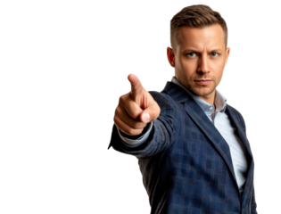 Confident Businessman Gesturing with Finger Pointing Forward Isolate on Transparent Background, cutout, png
