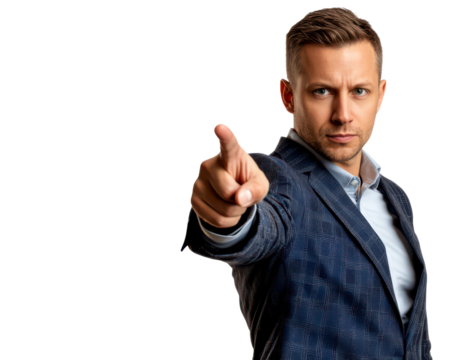 Confident Businessman Gesturing with Finger Pointing Forward Isolate on Transparent Background, cutout, png