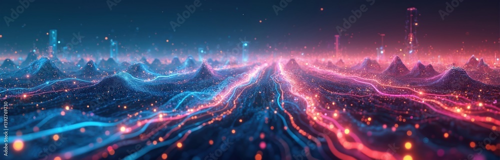Poster abstract digital landscape vibrant colors, flowing lines representing technology innovation. dynamic
