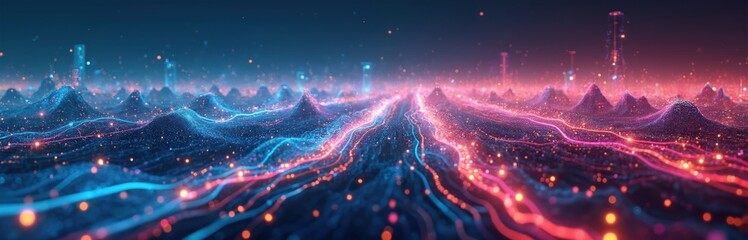 Obraz premium Abstract digital landscape vibrant colors, flowing lines representing technology innovation. Dynamic visual format with blue, red, orange neon lights. Modern artwork, design, futuristic tech,