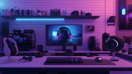 Gaming Setup: A captivating gaming setup, illuminated by vibrant neon lights. The scene showcases a gamer's dream environment with high-end components, monitors, and peripherals.