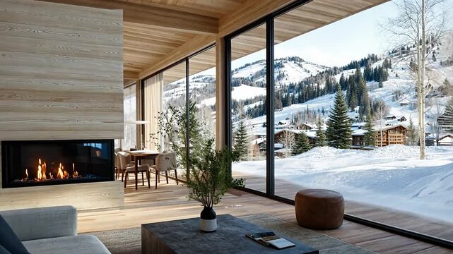 Modern winter cabin interior with large windows showcasing snowy mountain landscape outside