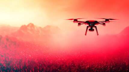 surveillance drone hovers over large crowd in dystopian landscape, with dramatic red sky and mountains in background, creating tense atmosphere