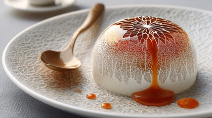A dessert featuring a delicate sugar shell that cracks into a precise, patterned design when hot sauce is added.  