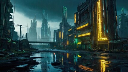 Obraz premium Unusual post-apocalyptic landscape in bright neon tones: a ruined world, futuristic lights, chemical fog, and a mysterious atmosphere.