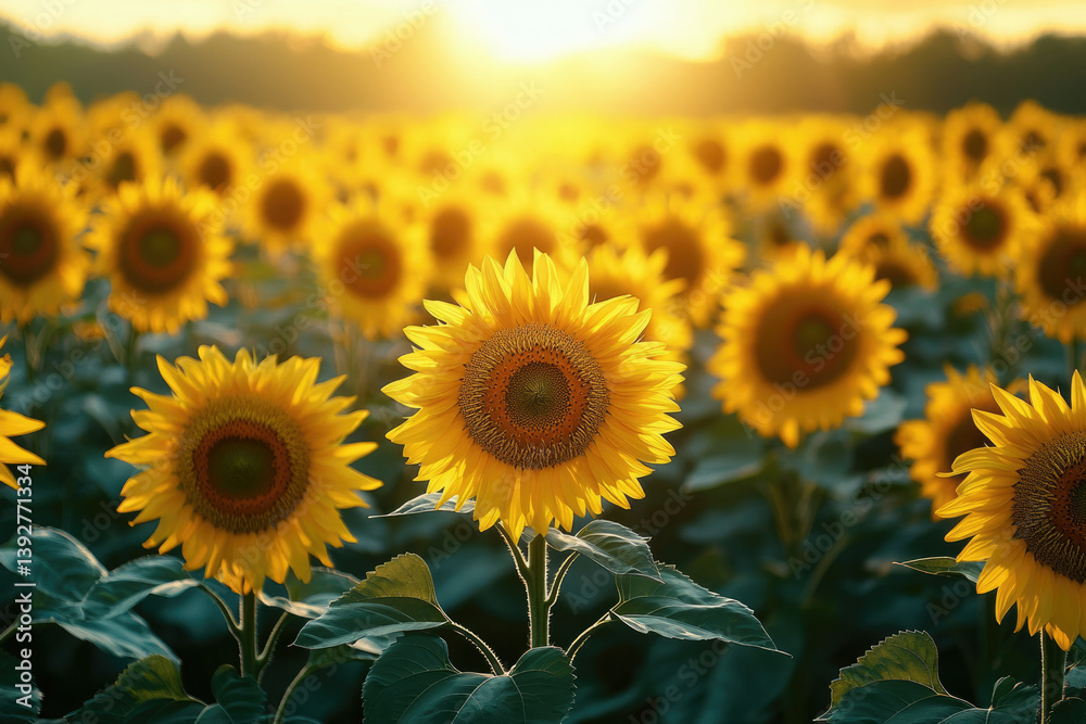 Aufkleber a vibrant field of sunflowers basks in the warm glow of the setting sun, creating a picturesque and 