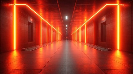 Red neon lights illuminate a futuristic corridor with metallic walls and floor, doors on either side, creating a symmetrical and reflective environment.