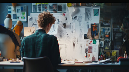 Obraz premium Young man standing in creative studio with inspiration wall for artistic exploration and visual thinking themes