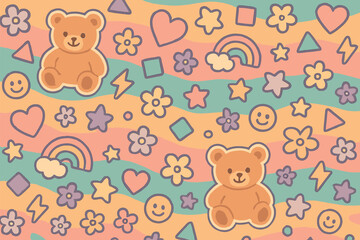 Obraz premium Cute bear and rainbow pattern with hearts stars and smiley faces for kids room decor