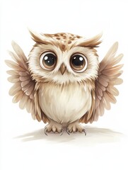 Obraz premium Calm and cute owl with wings spread showcases soft feathers and expressive eyes against a white background