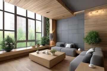 Fototapeta premium A nature-inspired living room with earthy tones, wood accents, and potted plants