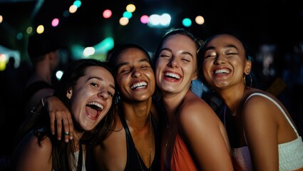 Fototapeta premium Happy women friends smiling and hugging at night festival or outdoor party.