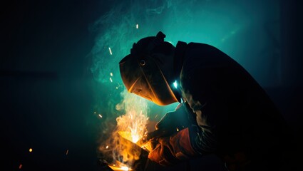 A worker welding in an industrial space, wearing protective gear while sparks and smoke rising.