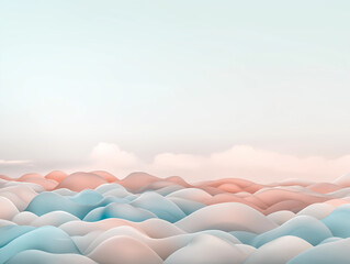 Fototapeta premium surreal landscape with soft, rounded shapes resembling rolling hills or waves. The color palette is composed of pastel tones, primarily light pink, peach, blue, and white