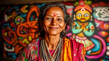 Obraz premium Vibrant Portrait of an Indian Woman Against a Colorful Mural