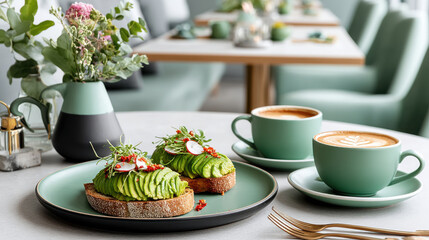 Delight in this premium food experience featuring vibrant avocado toast paired with coffee in stylish cafe setting