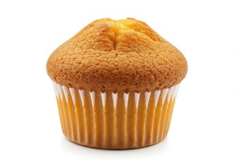 Golden-brown muffin in white paper liner on isolated white background highlighting texture, warmth, and baked simplicity