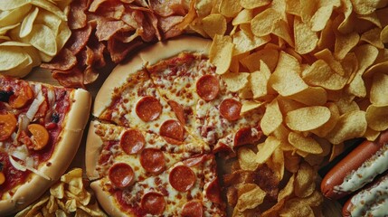 Indulgent temptation: a high angle view of varied comfort foods offering irresistible flavors