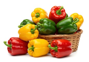 Wicker basket filled with vibrant red, yellow, and green bell peppers with glossy skin, isolated on white background
