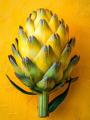 Fototapeta premium Close-up of a vibrant yellow-green artichoke presented on a bright textured yellow background capturing intricate details.