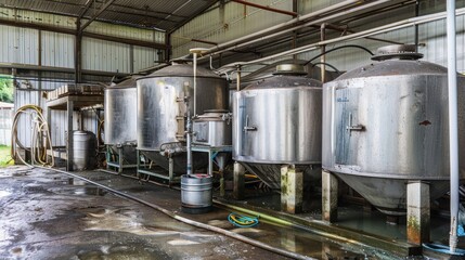 Industrial brewing tanks in a factory.