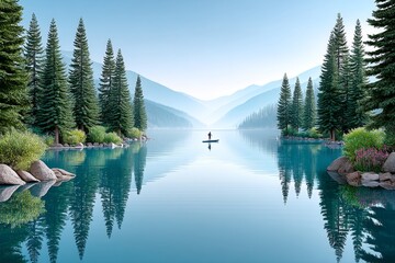 A paddleboarder floating across a still lake surrounded by pine trees