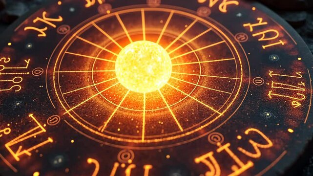 An intricate portrayal of a zodiac wheel illuminates with warm orange tones, showcasing astrology symbols and signs. This captivating visual invites exploration of the cosmos