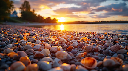 Seashell-strewn beach reflecting a vibrant sunset over calm water with a blurred shoreline and distant building adding depth.