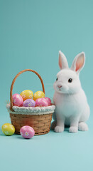 Fluffy bunny is sitting next to a wicker basket full of colorful easter eggs on a pastel blue background.