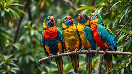 Obraz premium Four colorful macaws perched on a branch in tropical rainforest, exotic bird photography