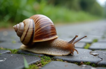 Big snail crawls on stone pavement. Helix pomatia, Roman snail, Burgundy snail, edible escargot on surface, with blurred natural green background. Mollusk in garden, wildlife macro photo.