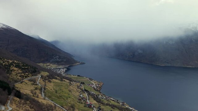 Drone view of Aurland and Sognefjorden Norway, in the rain