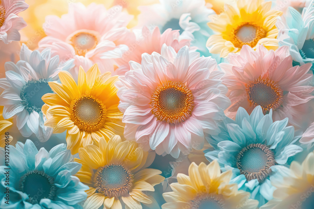 Aufkleber A delightful close-up showcasing a vibrant array of sunflowers in pastel hues, creating a soft and dreamlike floral arrangement.