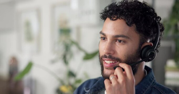 Happy, businessman and agent talking with headset for online advice or consultation at call center. Man, employee or consultant with smile on computer for customer service or tech support at office