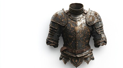 Weathered medieval knight's armor isolated on white.