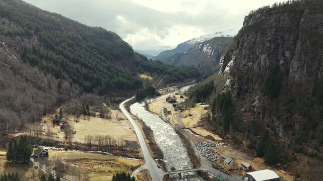 Scenic Aerial Drone Shot Of The Wally and river Mountains in Norway