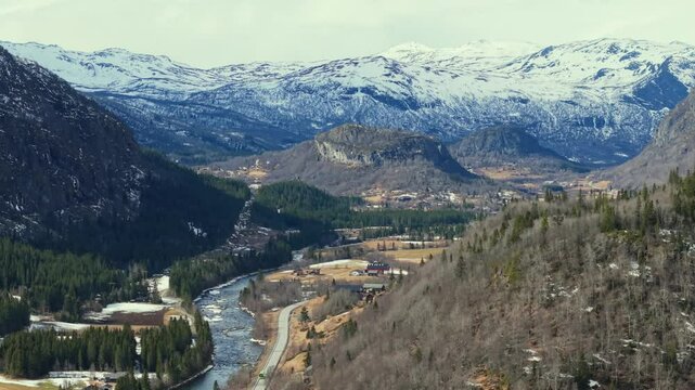 Breathtaking aerial view of Hemsedal's snow-covered slopes and mountain scenery.