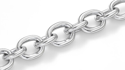 Fototapeta premium Close-up of a shiny silver chain with interconnected oval links angled against a stark white background.