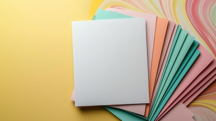 Vibrant Stack of Colorful Papers on Bright Yellow Background Displaying Art