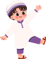 Joyful Young Boy in Traditional Clothing, Playful Pose, Cartoon Illustration