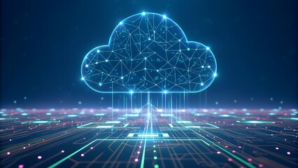 Futuristic data cloud hovering above digital lands Digital cloud with interconnected lines over a circuit board background.