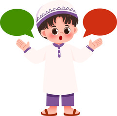 Surprised Young Boy in Traditional Clothing with Dialogue Bubbles