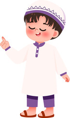 Joyful Young Boy in Traditional Clothing, Pointing Upward