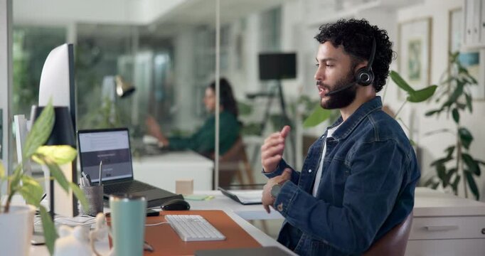 Businessman, agent and talking with headset for online advice or consultation at call center. Man, employee or consultant with explanation on computer for customer service or tech support at office