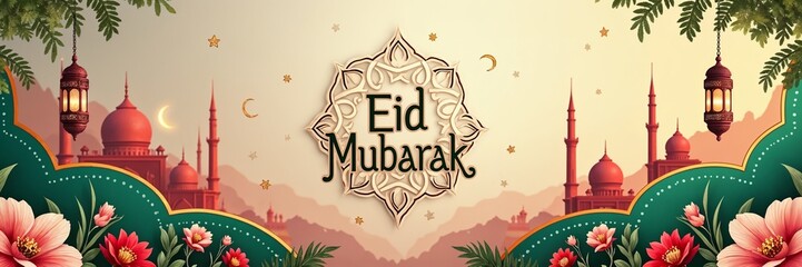 Naklejka premium Beautiful Eid Mubarak banner showcasing intricate mosque silhouettes, lanterns, and floral decorations
