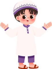 Joyful Young Boy in Traditional Muslim Clothing, Open Arms